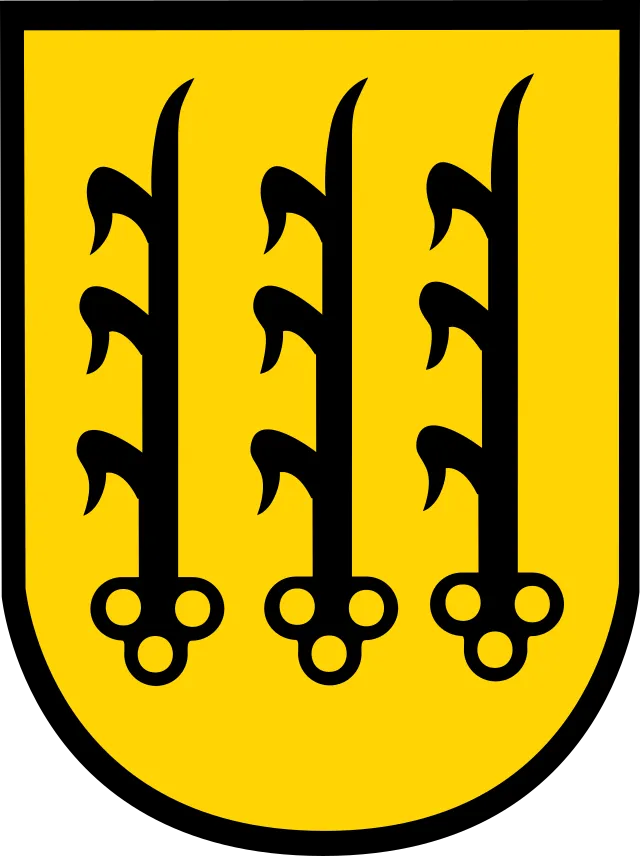 Wappen von Crailsheim mit drei Schlüsseln auf gelbem Hintergrund – Symbol für die historische Bedeutung und kulturelle Identität der Stadt im Landkreis Schwäbisch Hall.